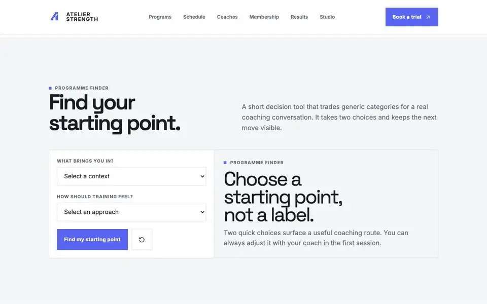 Atelier Strength — Personal Training Studio interior page and content preview