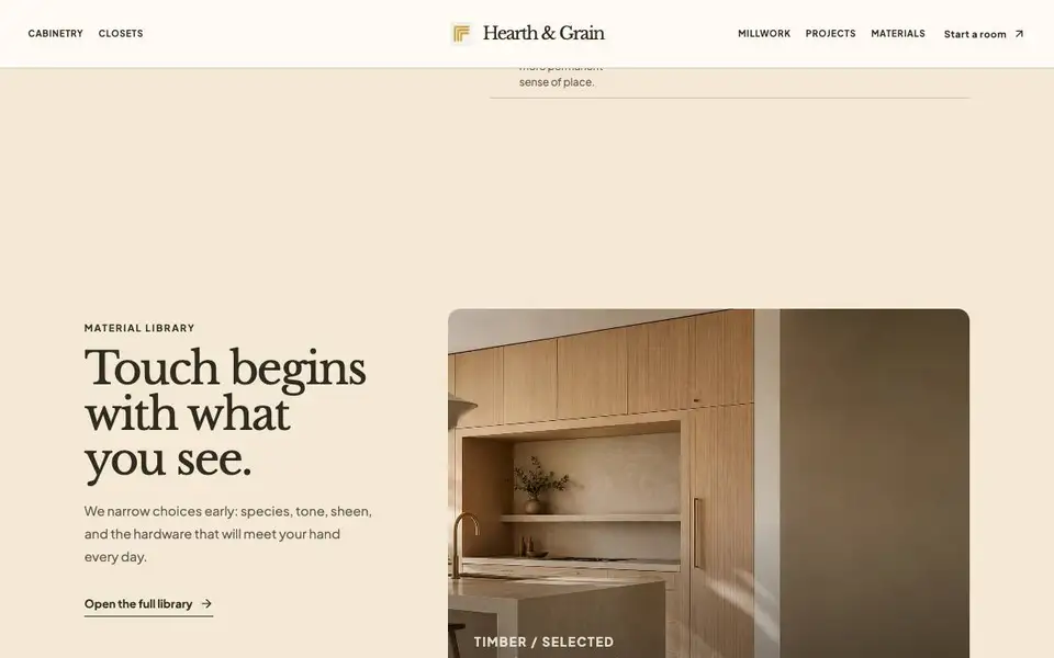 Hearth & Grain — Cabinetry Material Atelier interior page and content preview
