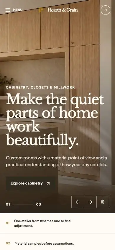 Hearth & Grain — Cabinetry Material Atelier mobile website preview