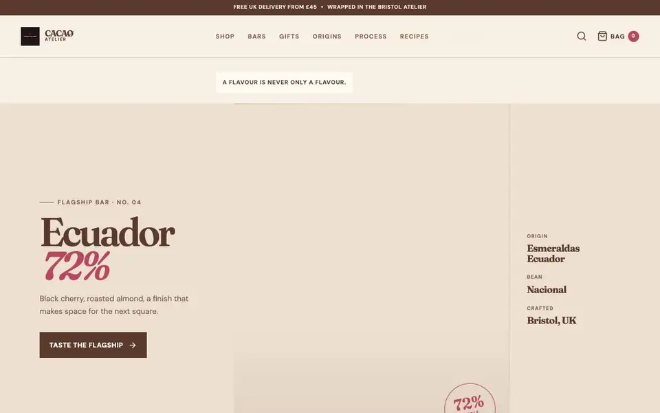 Cacao Atelier — Craft Chocolate Storefront interior page and content preview