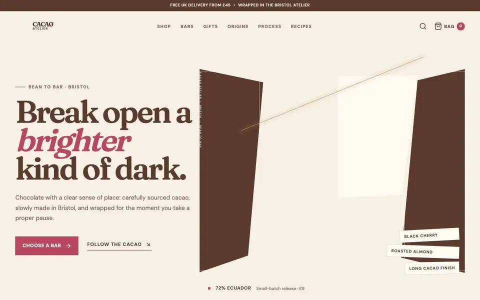 Cacao Atelier — Craft Chocolate Storefront website screenshot