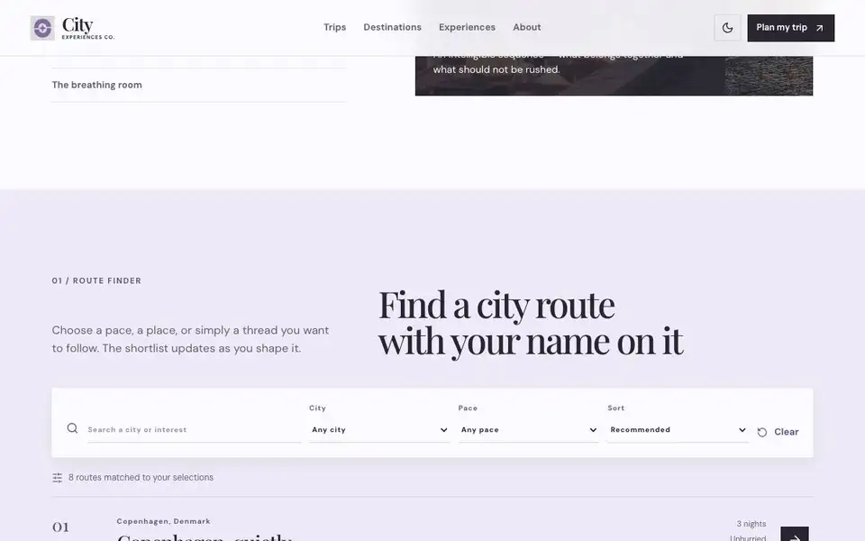 City Experiences Company interior page and content preview