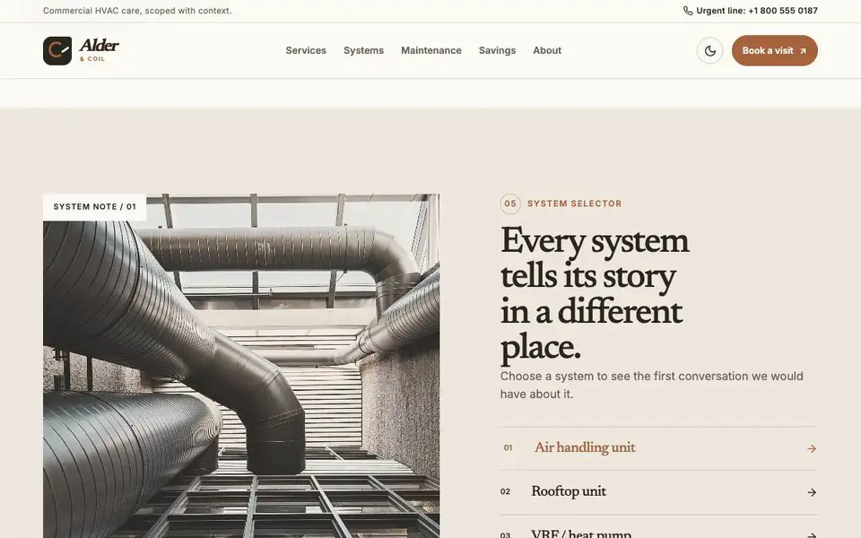 Alder & Coil — Commercial HVAC Care interior page and content preview