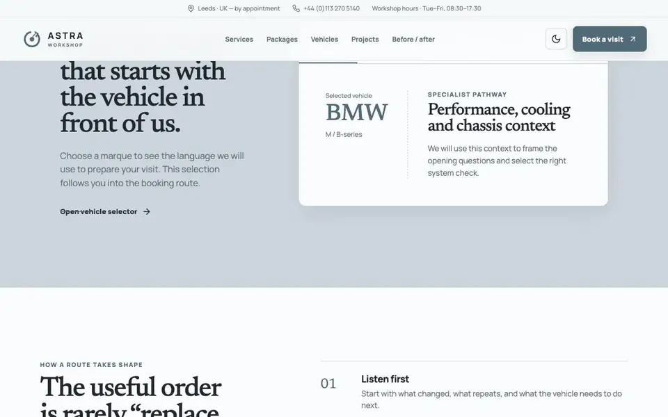 Astra Workshop — European Auto Service Website interior page and content preview