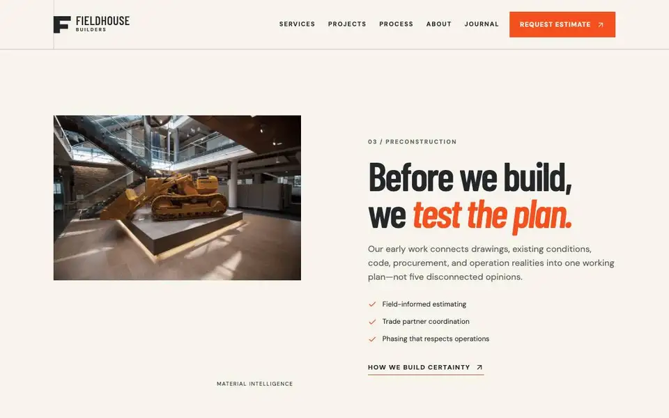 Fieldhouse Builders interior page and content preview
