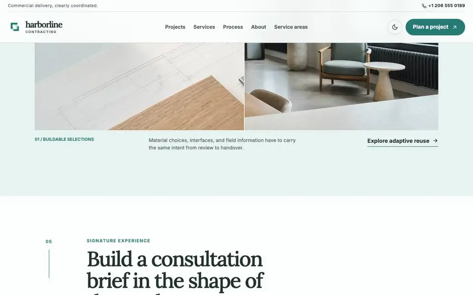 Harborline Contracting — Commercial General Contractor Website interior page and content preview