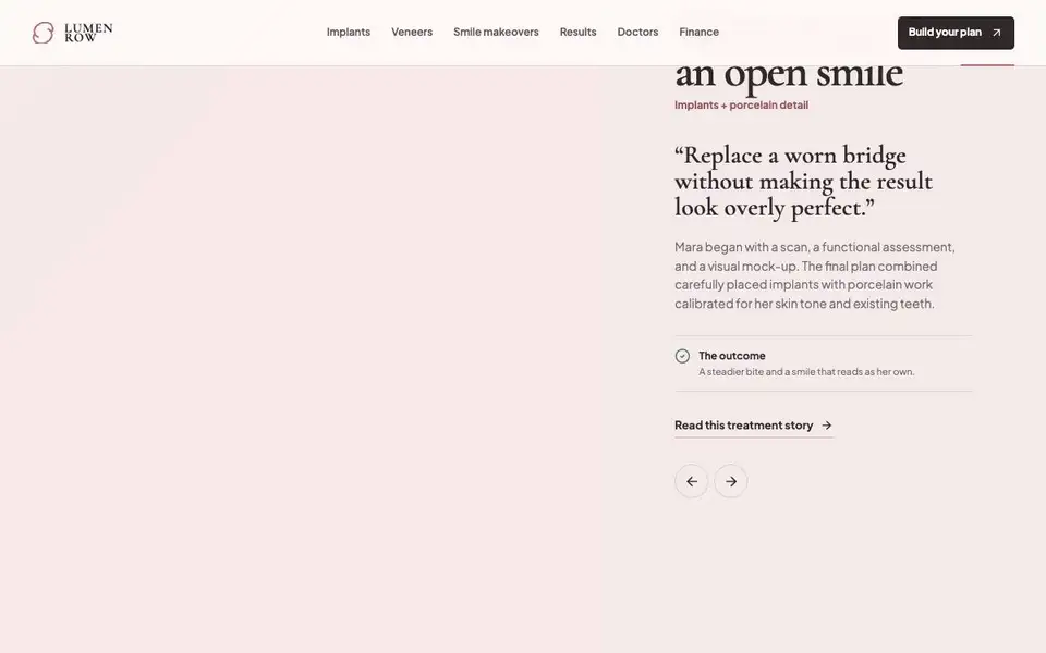 Lumen Row — Implant Transformation Clinic interior page and content preview