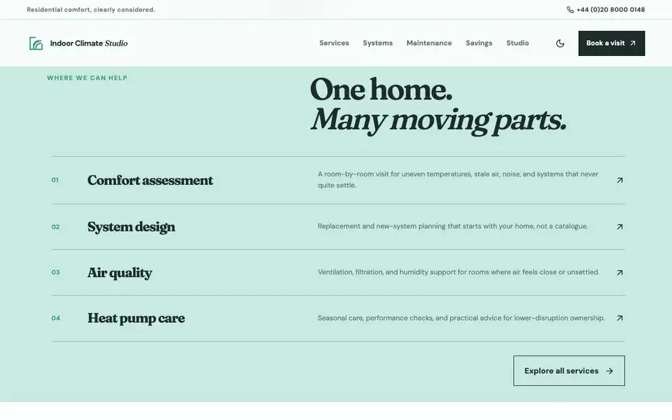 Indoor Climate Studio interior page and content preview