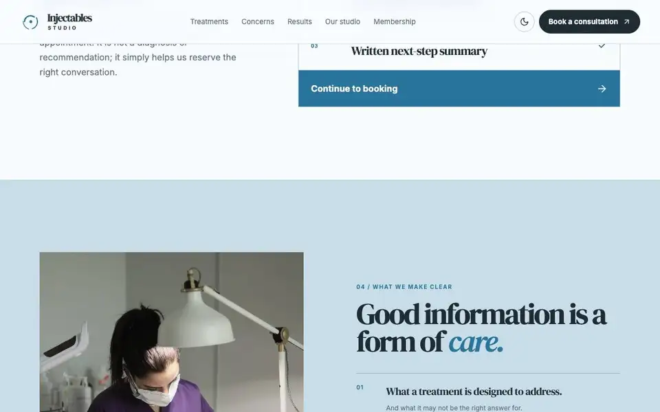 Injectables Studio interior page and content preview