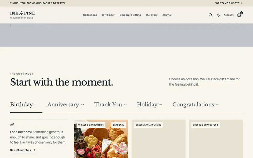 Ink & Pine — Gourmet Food Gifting Storefront interior page and content preview