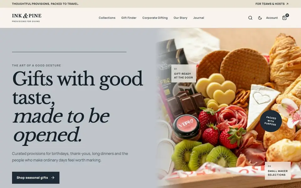 Ink & Pine — Gourmet Food Gifting Storefront website screenshot