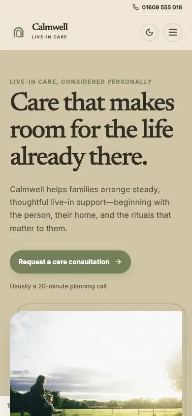 Calmwell Live-in Care mobile website preview