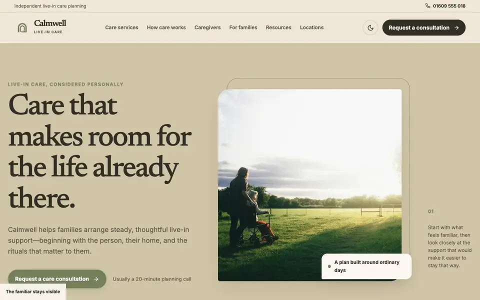 Calmwell Live-in Care website screenshot