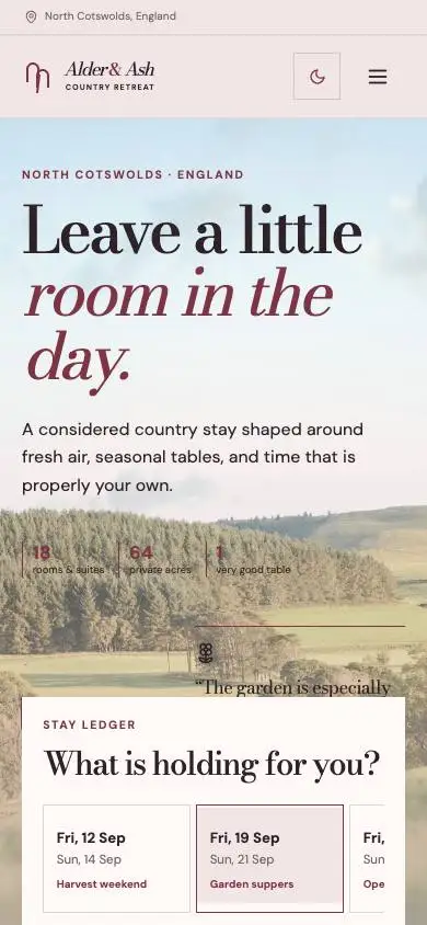 Alder & Ash Country Retreat mobile website preview