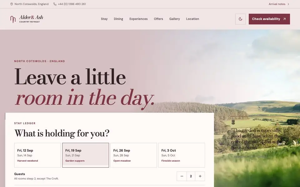 Alder & Ash Country Retreat website screenshot