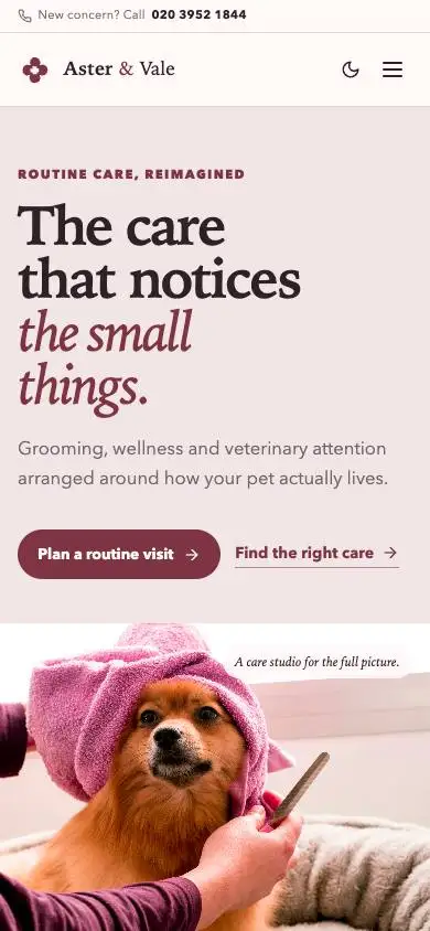 Aster & Vale Veterinary Wellness mobile website preview