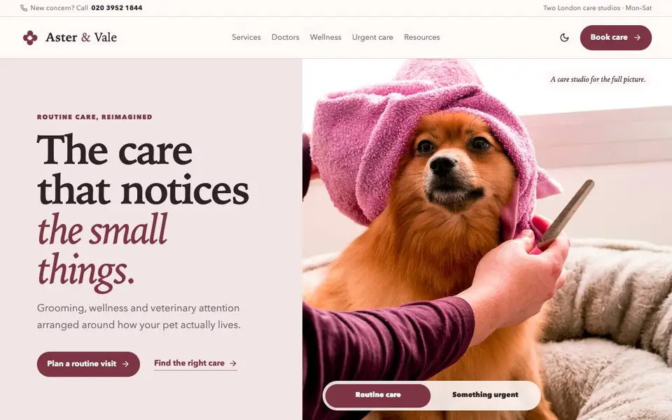 Aster & Vale Veterinary Wellness website screenshot