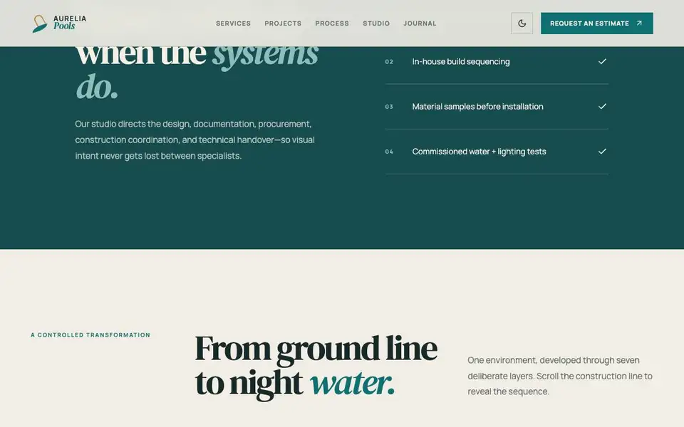 Aurelia Pools — Luxury Pool Design & Build interior page and content preview