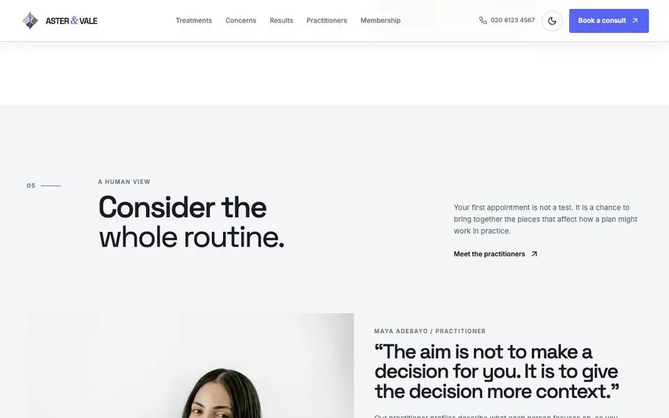 Aster & Vale Skin Studio interior page and content preview