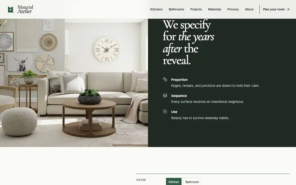 Material Atelier interior page and content preview