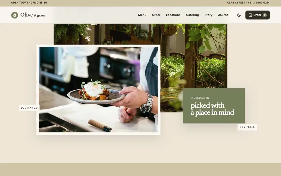 Olive & Grain — Modern Brunch Cafe interior page and content preview
