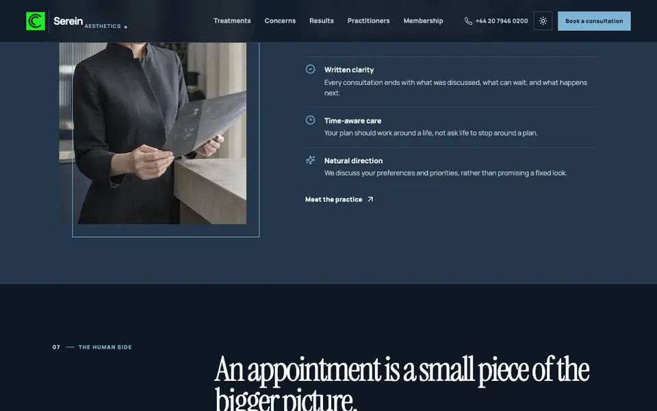 Serein Aesthetics — Natural Aesthetics Practice interior page and content preview