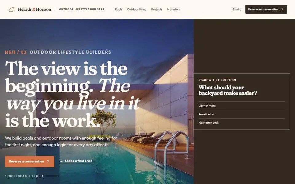 Hearth & Horizon — Outdoor Lifestyle Builder website screenshot