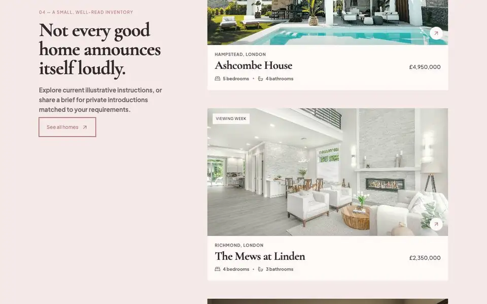 Pearl Rose — Luxury Residential Brokerage interior page and content preview