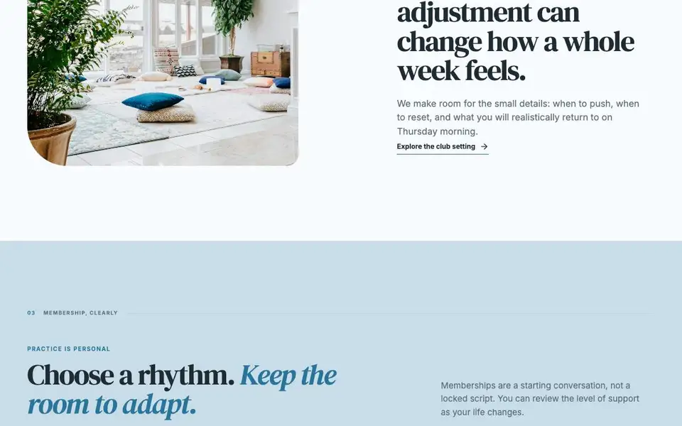 Performance Longevity Club interior page and content preview
