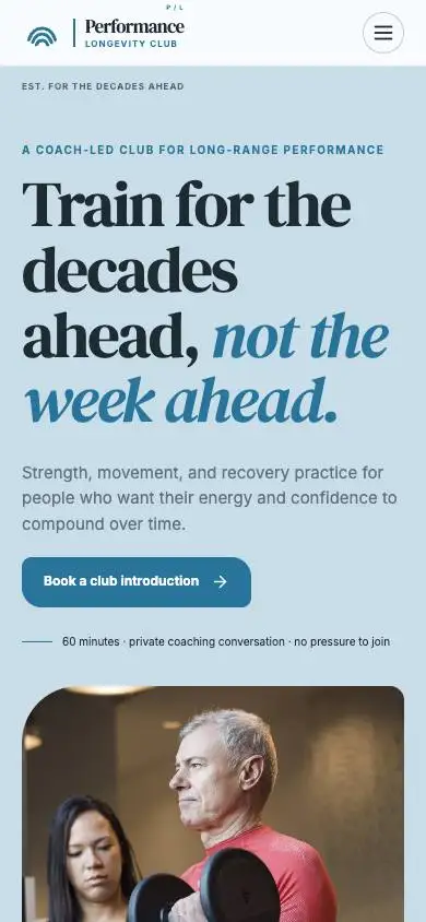 Performance Longevity Club mobile website preview