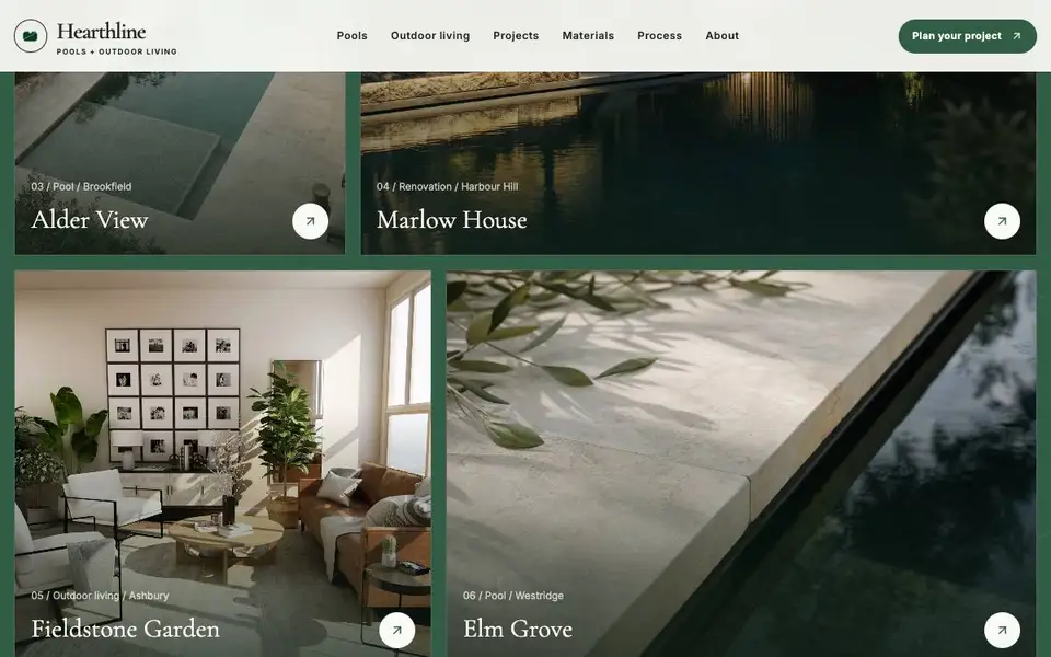 Hearthline Pools — Pool Configurator Experience interior page and content preview