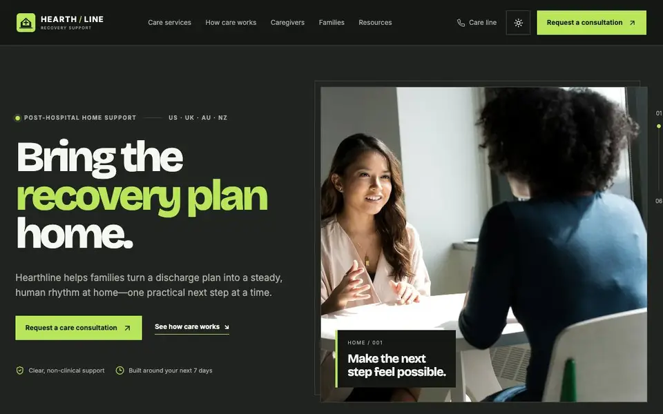 Hearthline Recovery — Post-Hospital Home Support website screenshot