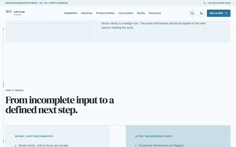 Lattice Works — Precision Manufacturing Studio interior page and content preview