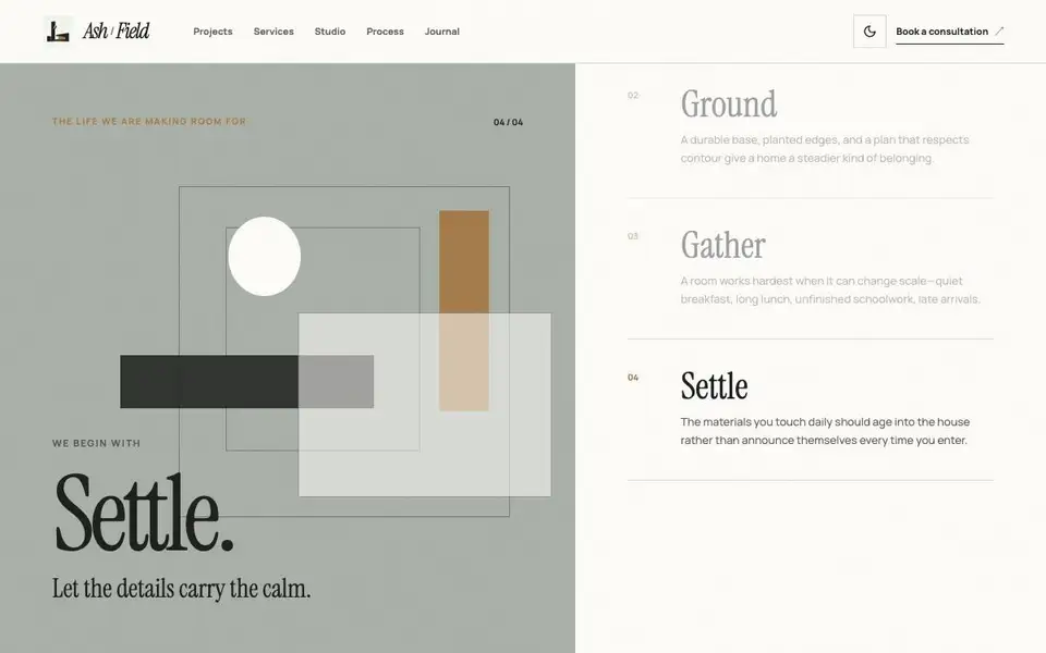 Ash & Field Architecture interior page and content preview