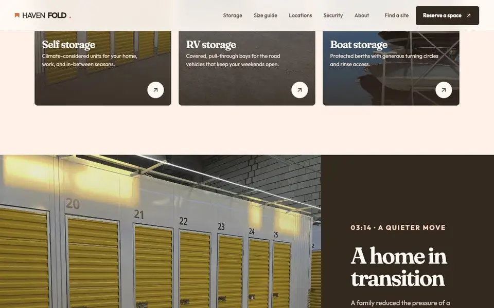 Havenfold — Design-Led Storage Brand interior page and content preview