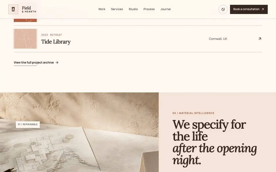Field & Hearth — Hospitality Design Practice Website interior page and content preview