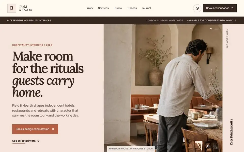 Field & Hearth — Hospitality Design Practice Website website screenshot