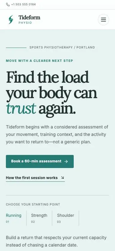 Tideform Physio mobile website preview