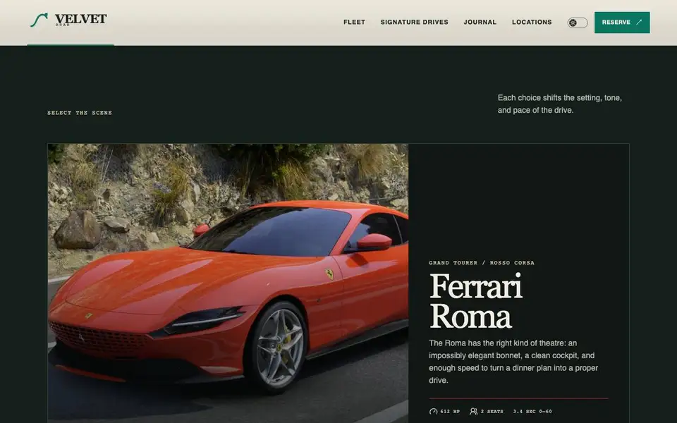 Velvet Road — Miami Luxury Car Rental interior page and content preview