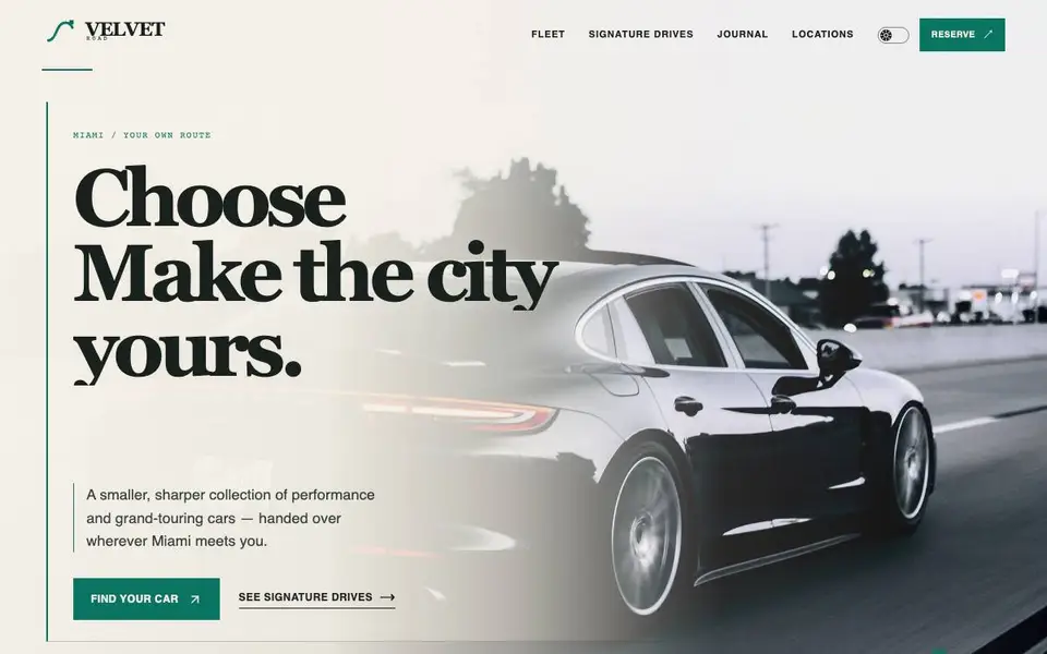 Velvet Road — Miami Luxury Car Rental website screenshot