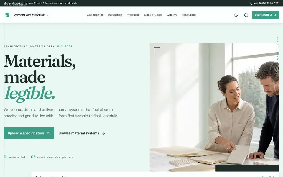 Verdant Arc Materials website screenshot