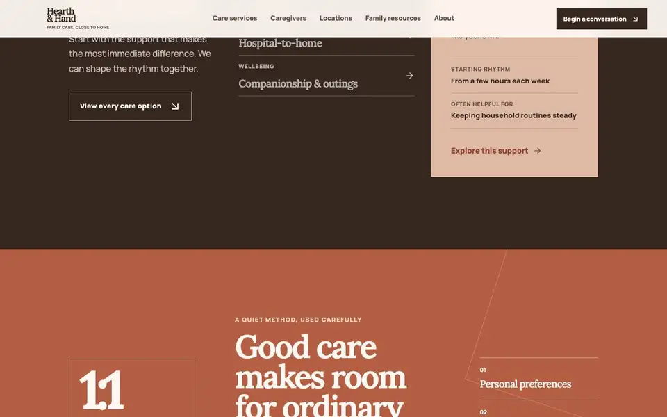 Hearth & Hand — Warm Family Care Agency interior page and content preview