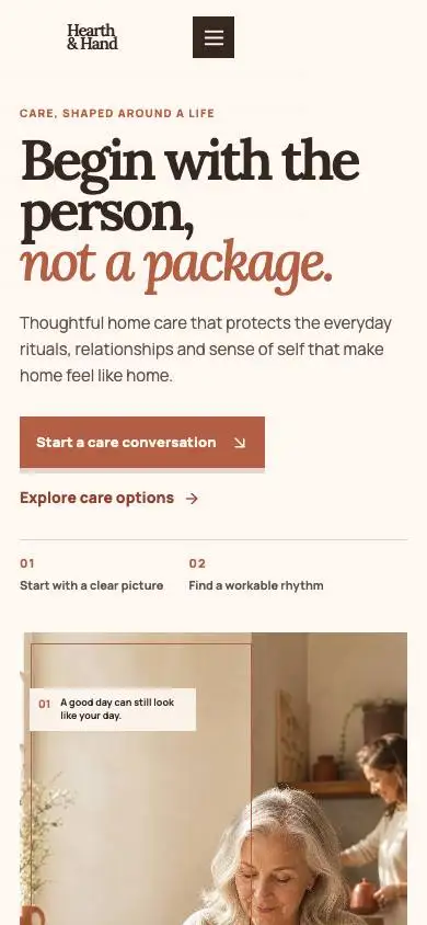 Hearth & Hand — Warm Family Care Agency mobile website preview