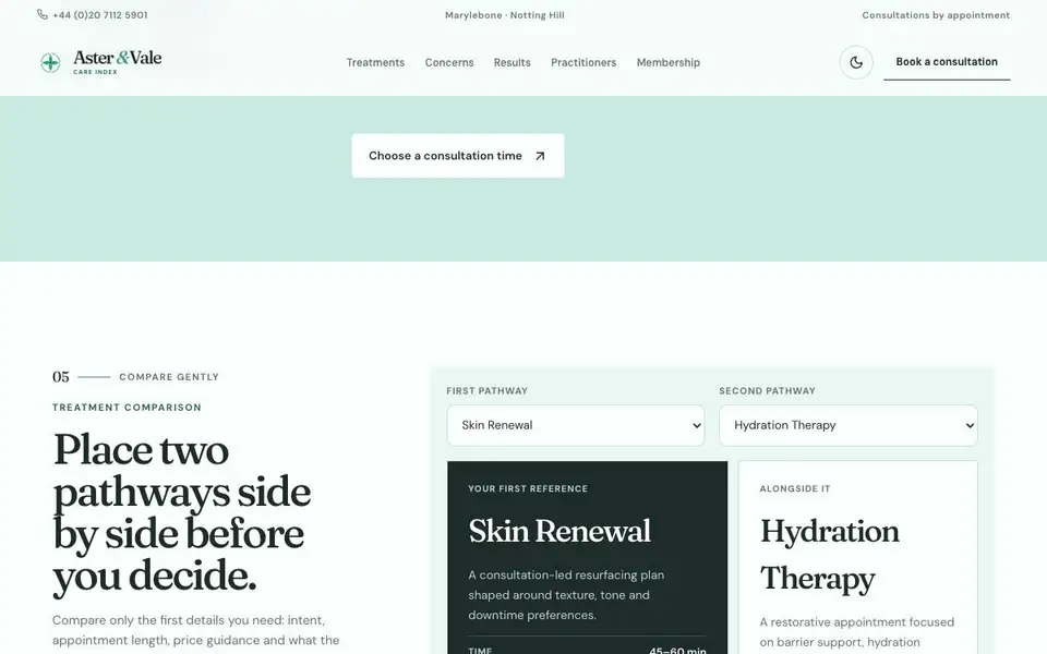 Aster & Vale — Wellness & Aesthetic Medicine interior page and content preview
