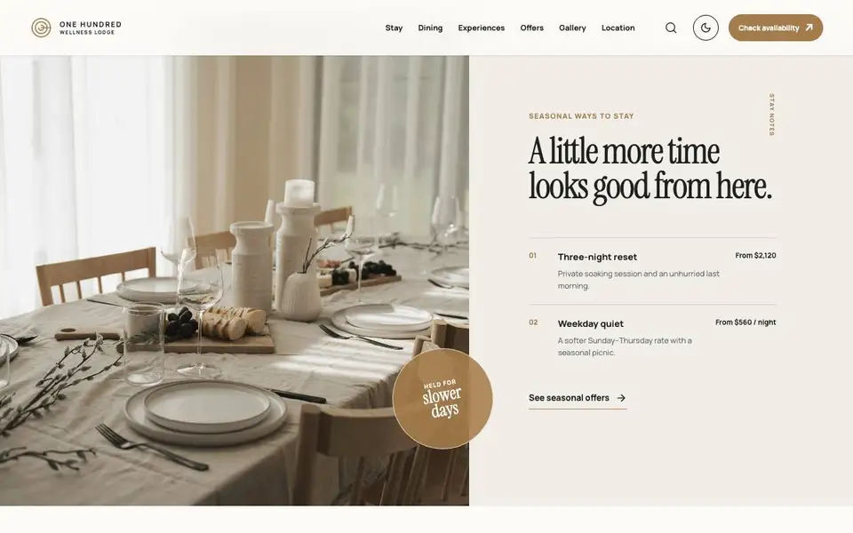 One Hundred Wellness Lodge interior page and content preview