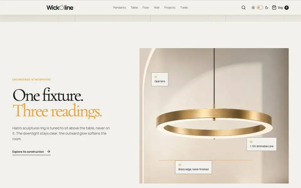 Wickline — Architectural Light interior page and content preview