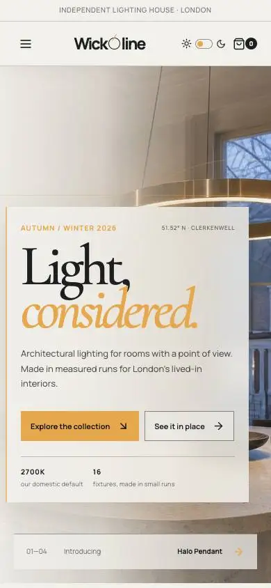 Wickline — Architectural Light mobile website preview