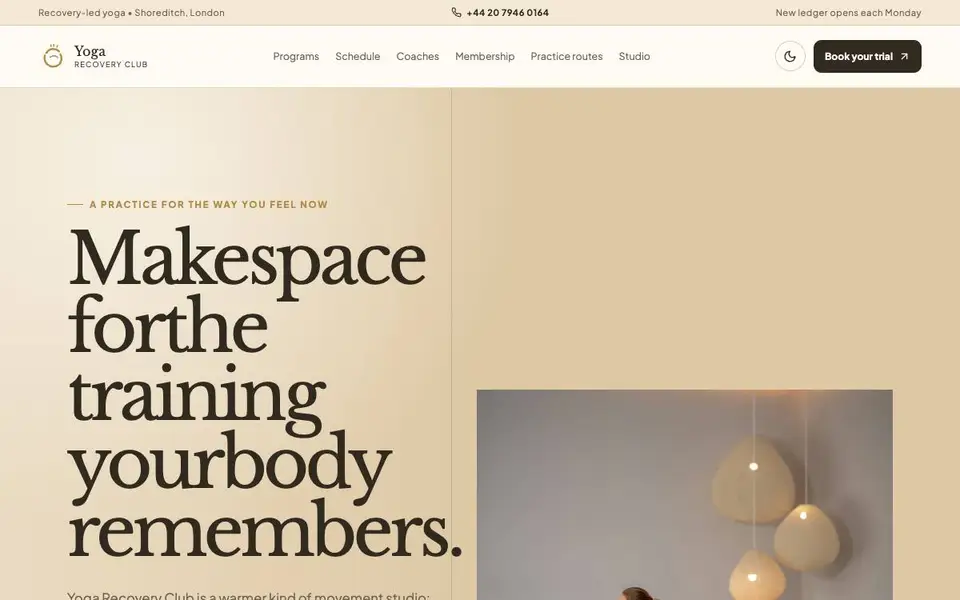 Yoga Recovery Club website screenshot